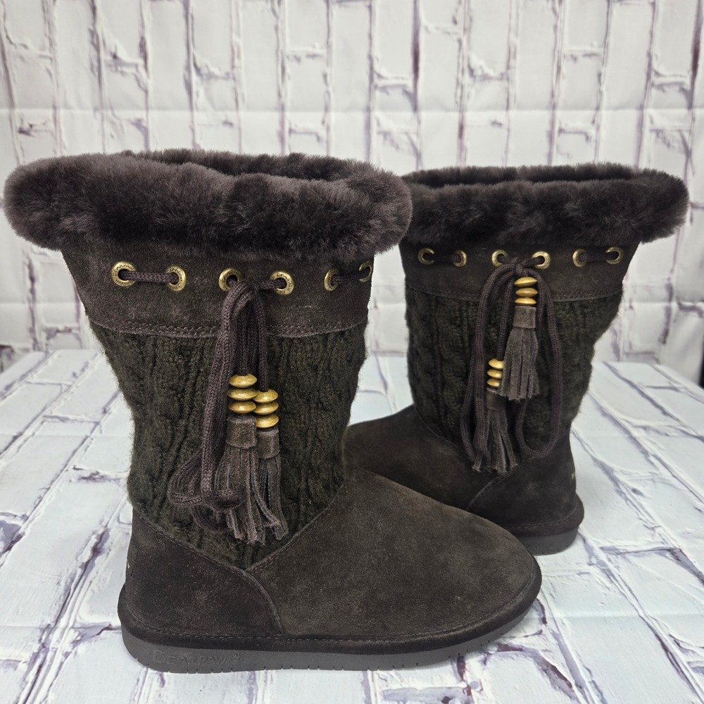 Bearpaw Womens Brown Suede Cable Knit‎ Tassel Faux Fur Winter Boots Size 7 Comfy